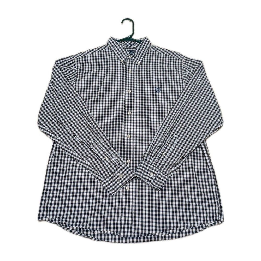 Chaps Men's Shirt Large L Blue Black Checkered Custom Fit Button Up Long Sleeve